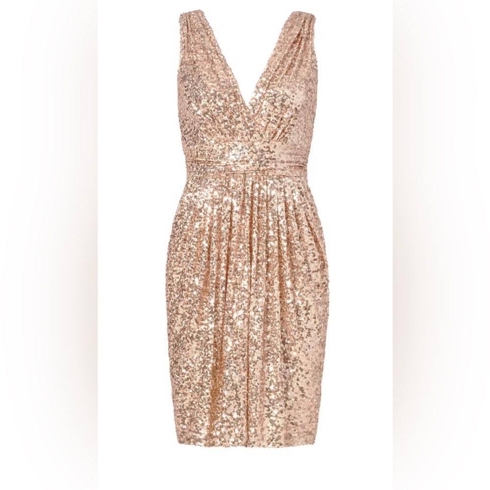 Badgley Mischka Blush sequins V neckline. Ruched waist glitzy and classic mini - Picture 3 of 16